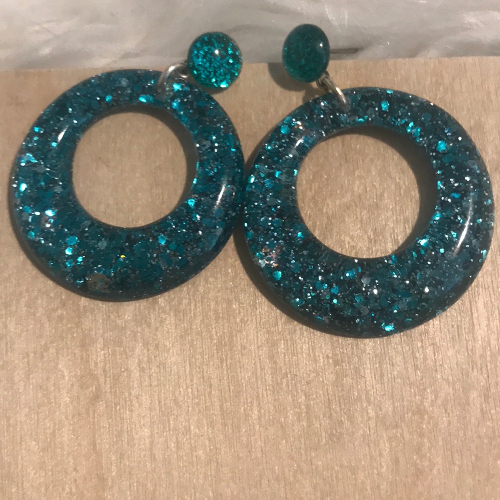 Teal blue circle drop earring